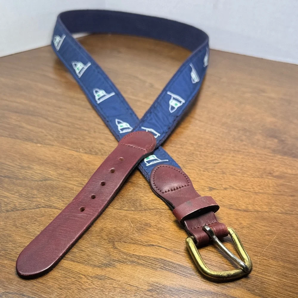 Leather Man Classic Mens Navy Woven Belt w/ Nautical Green & White Flags, sz 40